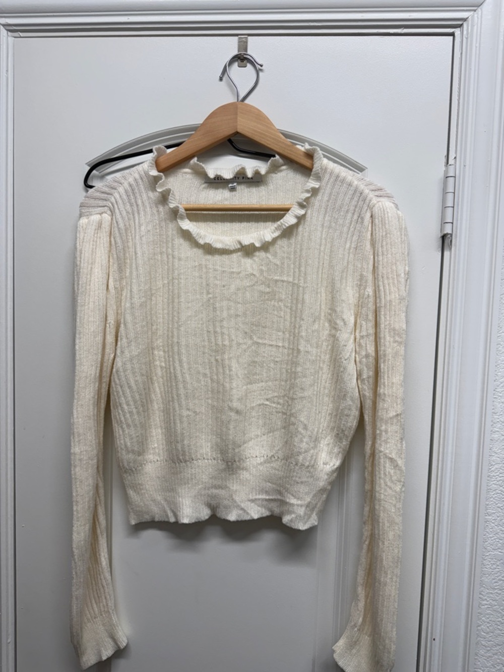 Celebrity Pink Cream Ruffle Neck Ribbed Sweater